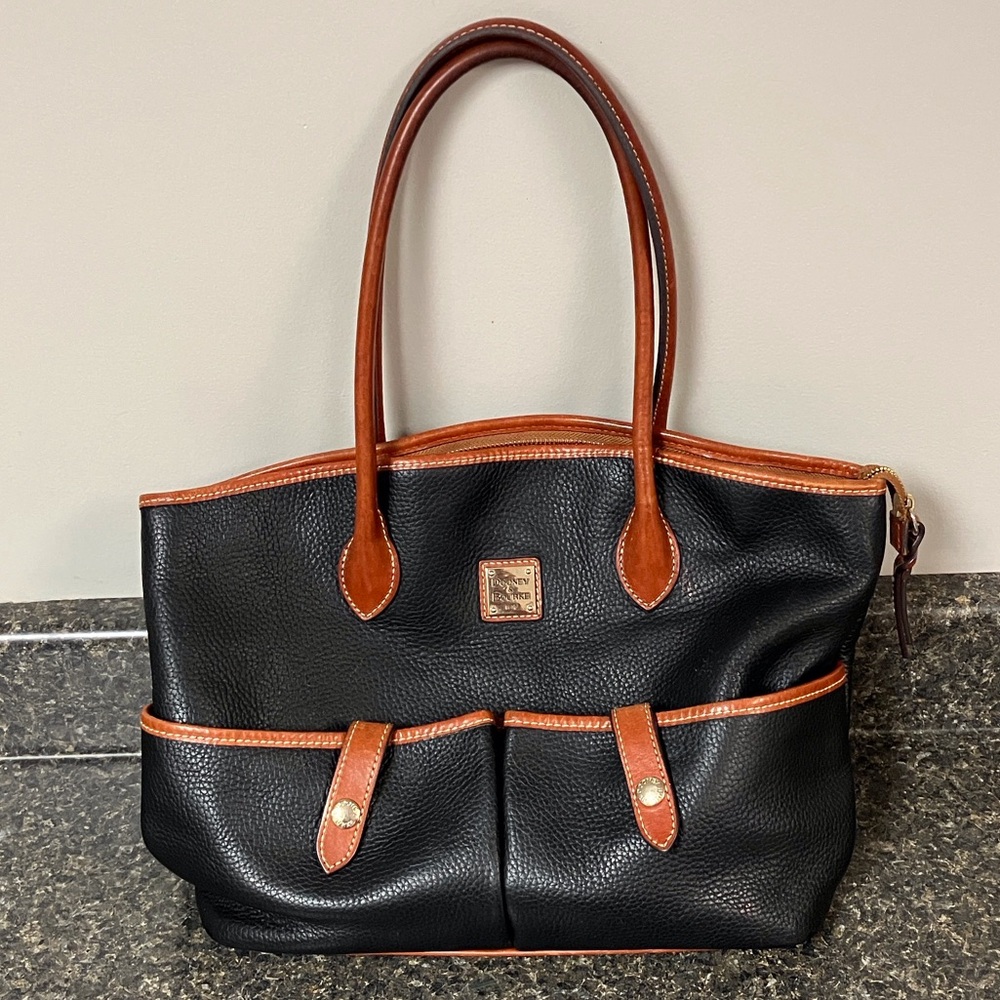 Dooney & Bourke Black Pebbled Leather Tote with Brown Trim